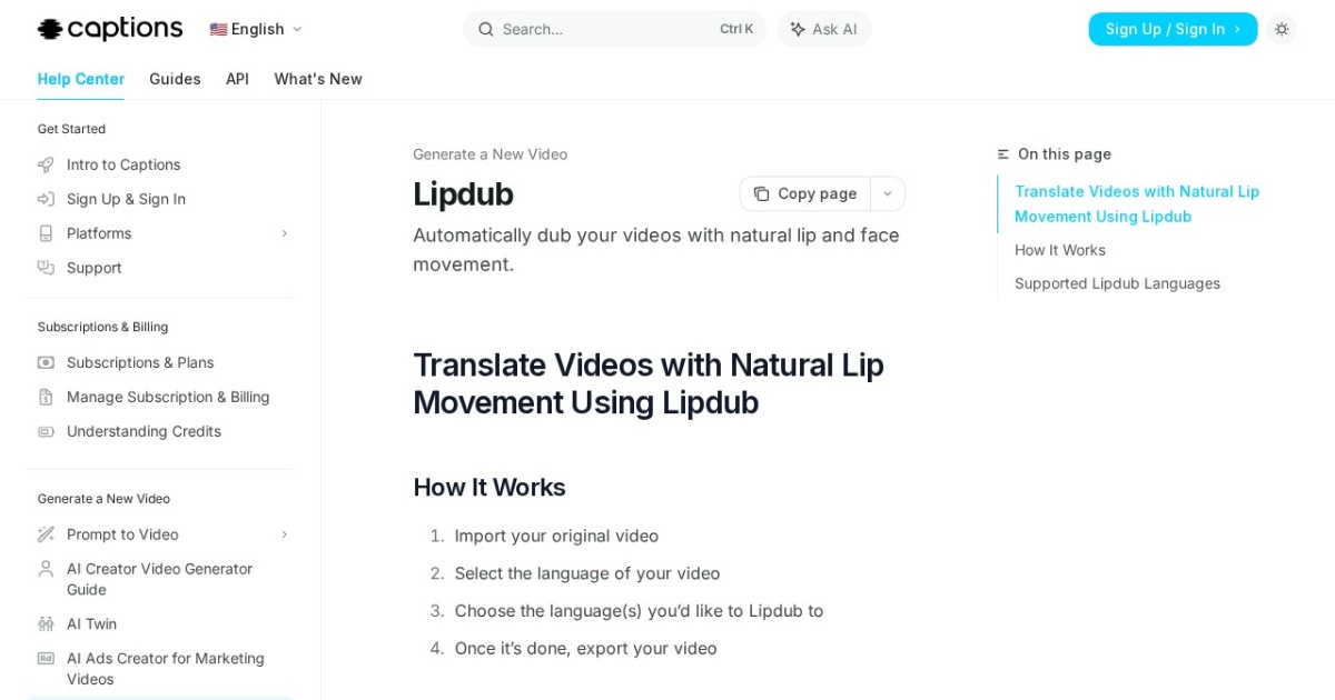 Captions Lipdub website preview