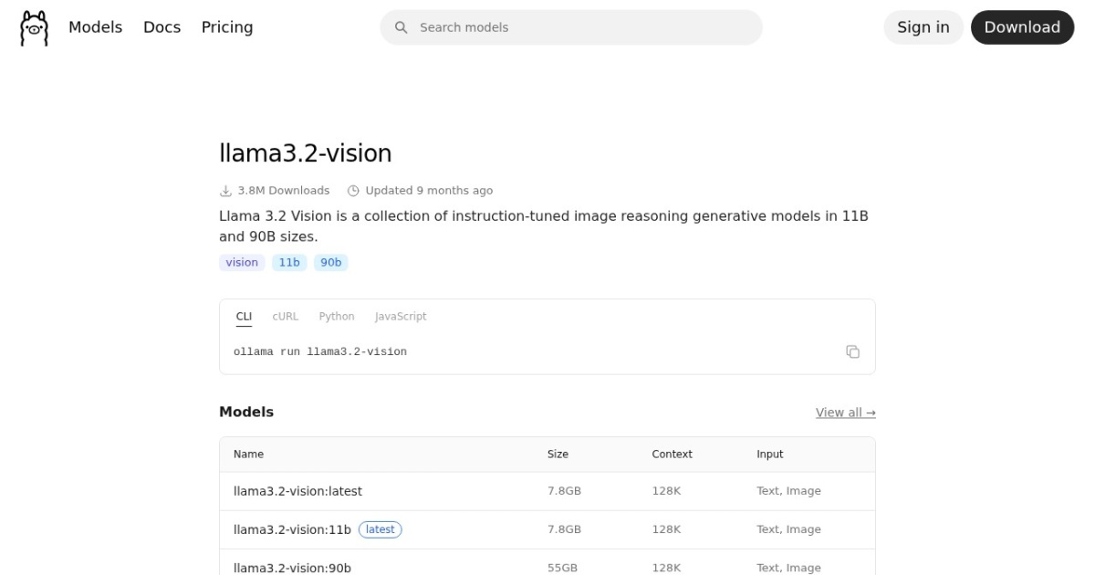 Llama 3.2 Vision website preview