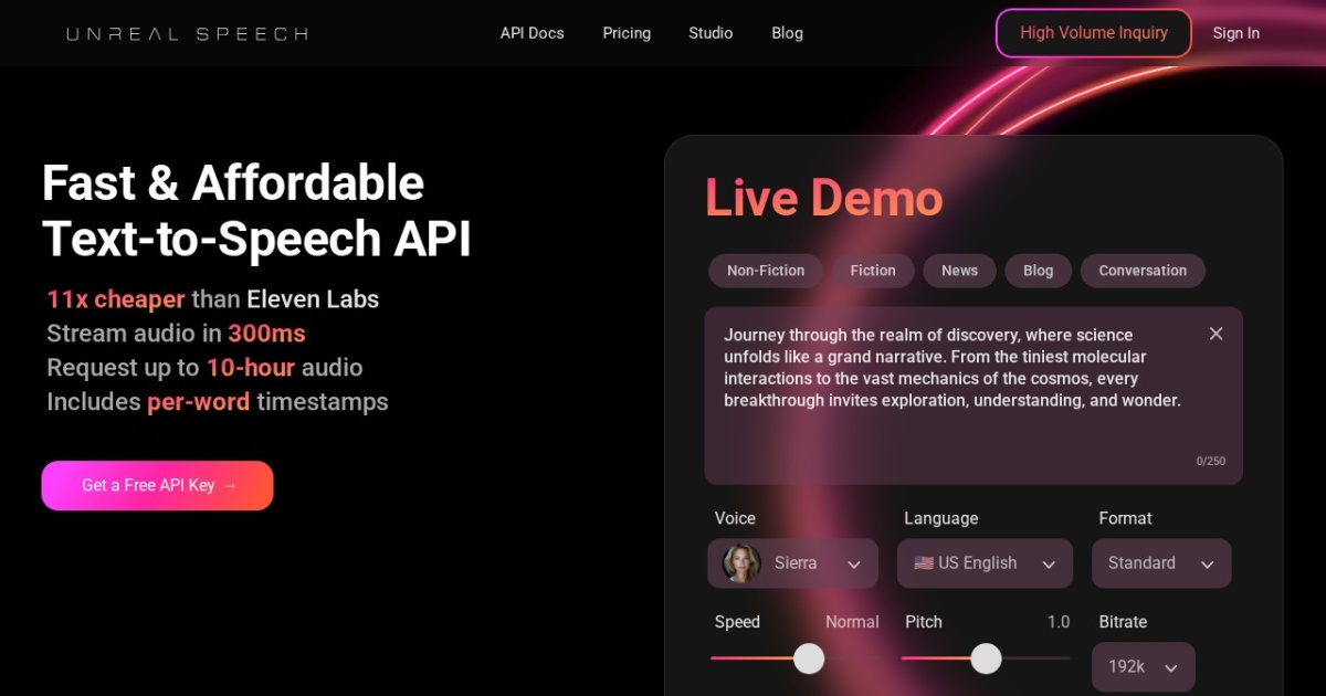 Unreal Speech website preview