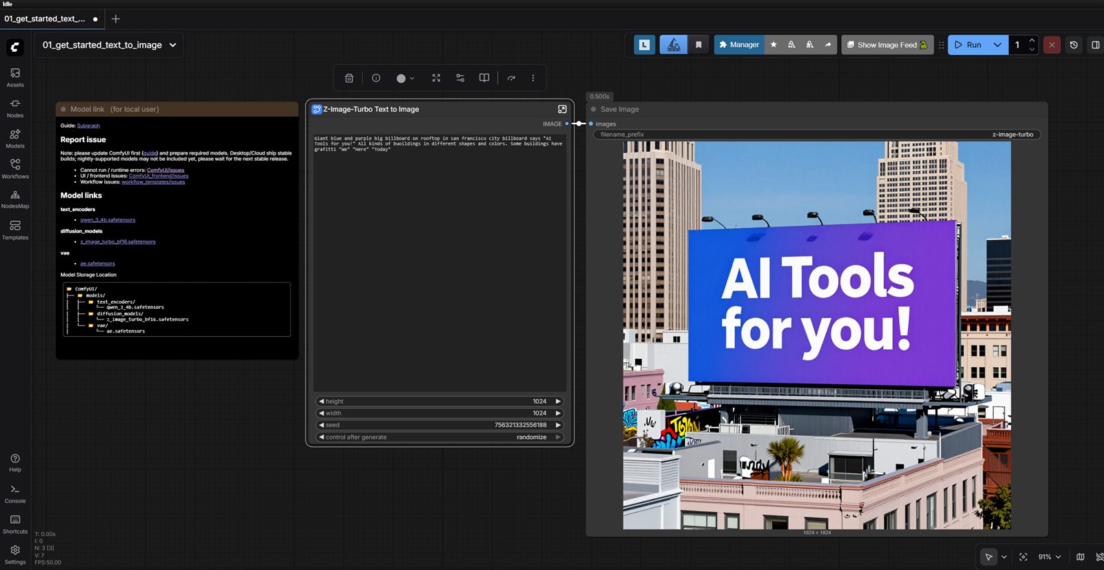 ComfyUI template workflow with text-to-image node and generated output preview