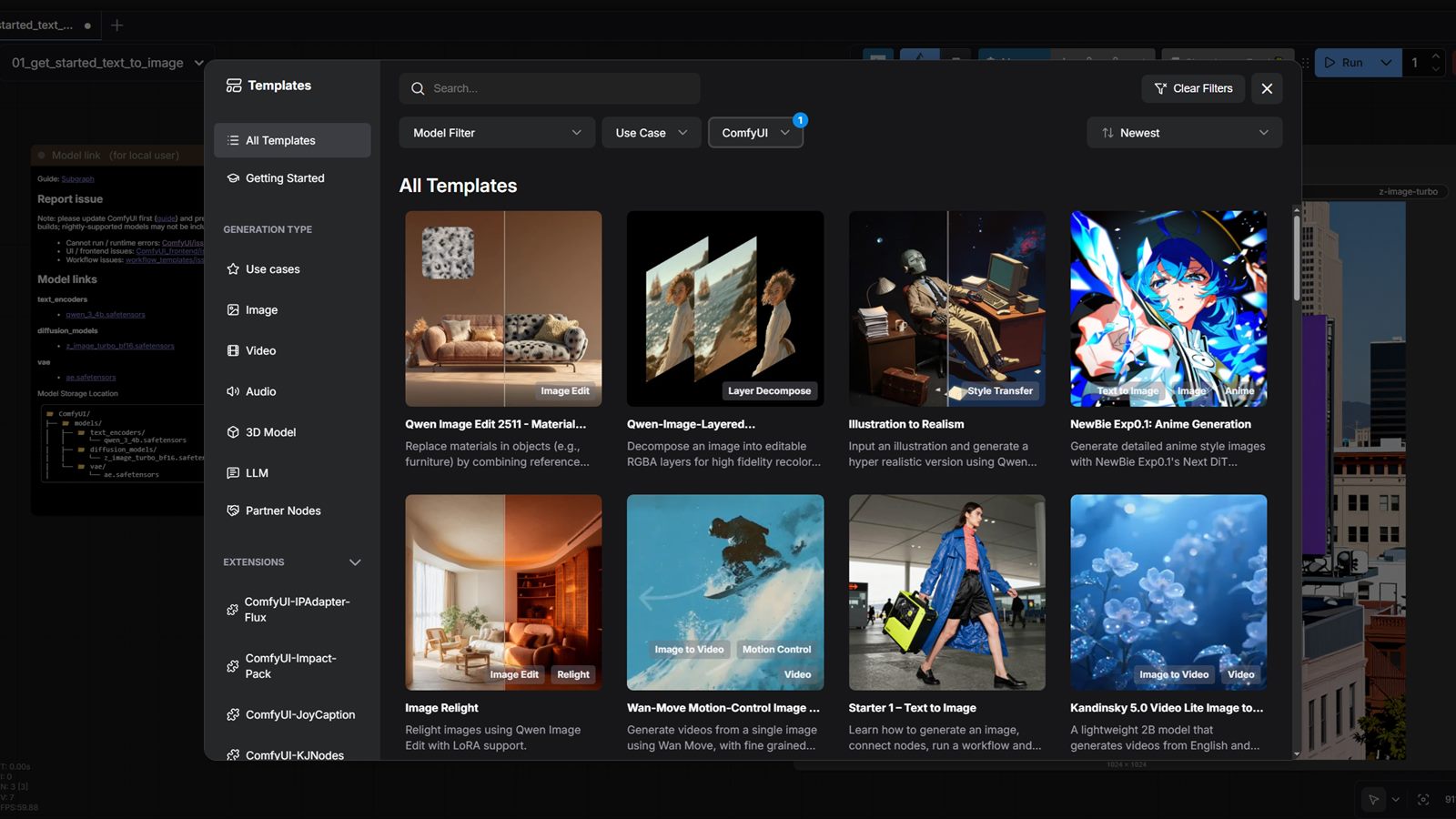 ComfyUI templates window for selecting starter workflows